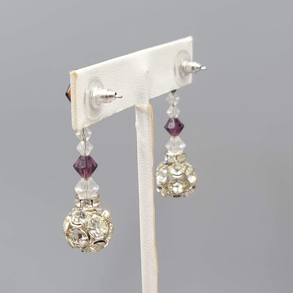 Vintage Purple Rhinestone Pierced Earrings Silver tone Bead Dangle 1.75" - Picture 7 of 9